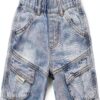 Baby Boys Denim Shorts Lightblue Cargo Pockets Elastic Waist-0